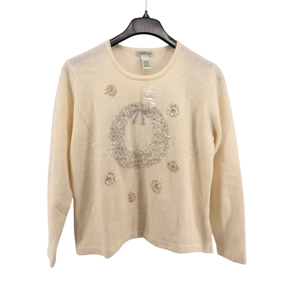 NEW Orvis Sweater Women‎ Large Cream Wool Lambswool Angora Beaded Wreath Holiday